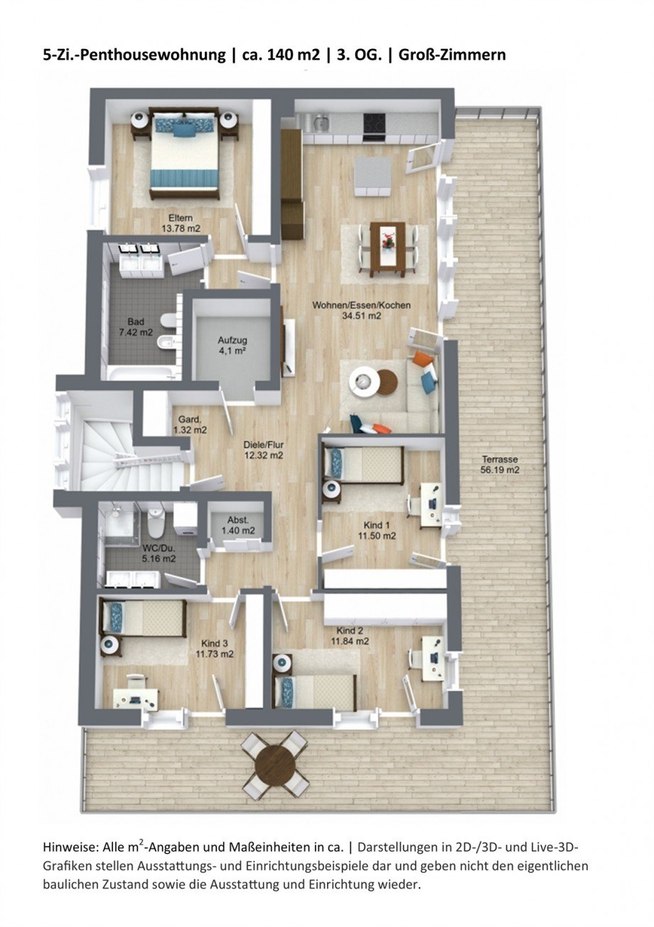 Grundriss 3D Penthousewohnung Gro�-Zimmern