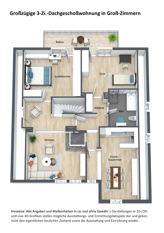 Grundriss 3D - ETW GZ Dachgeschosswohnung Gro�-Zimmern