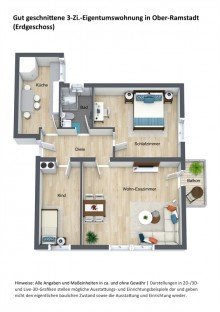 Grundriss 3D - ETW OR Gut geschnittene 3-Zimmer-Erdgeschoss-Eigentumswohnung in Ober-Ramstadt, zu verkaufen