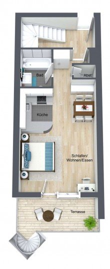 16 - EG-Wohnung in Gro�-Zimmern - 3D - Etage 1 - Grundriss Gro�z�giges 1-Zimmer-Apartment mit Wintergarten-Balkon, Gartenanteil & Stellplatz, in Gro�-Zimmern